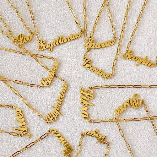 18k Gold Paperclip Chain Zodiac Necklace